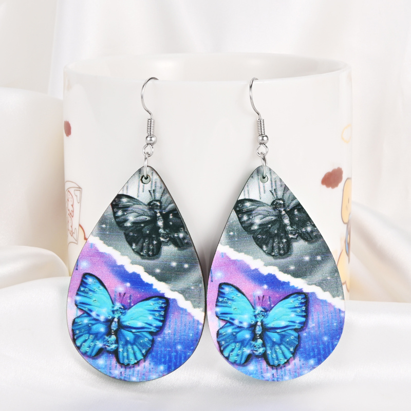 Women's Elegant Blue Butterfly Pattern Wooden Earrings
